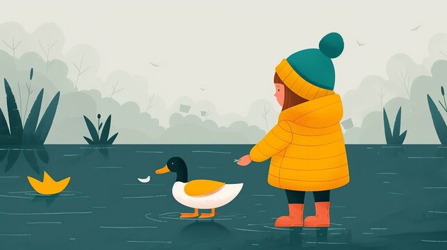 Visualize kindness with a child feeding ducks in a peaceful park, spreading joy with simple acts of kindness. Illustration, Image, , Minimalism,