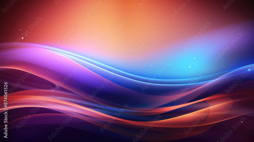 Wall mural abstract blue orange and purple wavy background with glowing lines and bokeh effect., generative ai