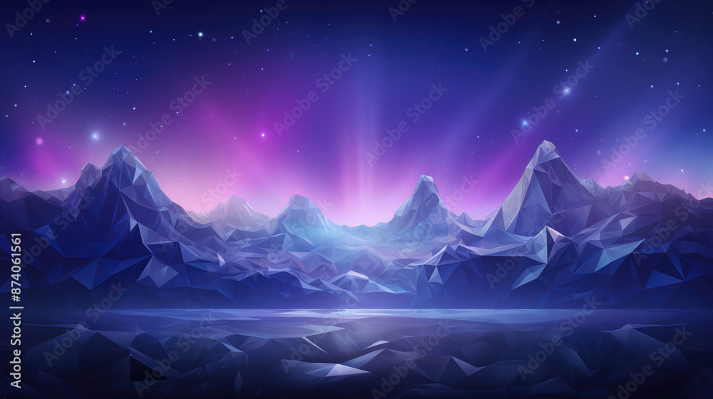 Sticker abstract background with low poly mountains and glowing lights., generative ai