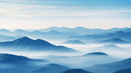 Fototapeta premium Mountain range with visible silhouettes through the morning fog., generative ai