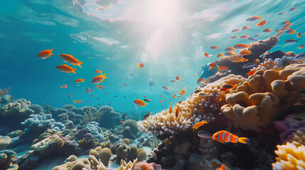 Fototapeta premium Taking a scuba dive in crystal clear tropical waters, exploring vibrant coral reefs and marine life, with colorful fish swimming around,