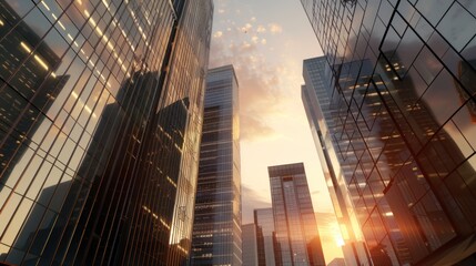 Fototapeta premium Modern skyscrapers reflecting the golden sunset, symbolizing corporate success, urban life, and financial growth