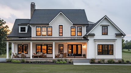 Obraz premium A charming two-story modern farmhouse with a striking gabled roof, black-framed windows, and a welcoming front porch, set in a peaceful, rural setting.