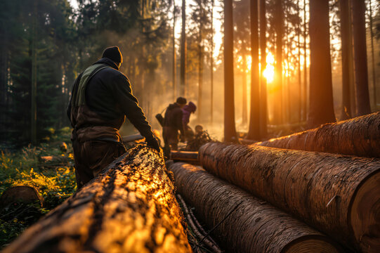 Team of lumberjacks is stacking freshly cut logs in a forest at sunset, creating a warm and golden scene - Powered by Adobe