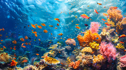 Taking a scuba dive in crystal clear tropical waters, exploring vibrant coral reefs and marine life, with colorful fish swimming around,