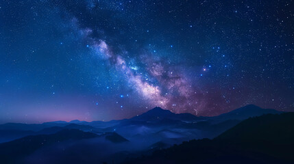 Panoramic shot of the universe space featuring the Milky Way galaxy with stars against a night sky background, highlighting the cosmic beauty and celestial wonders of the universe.