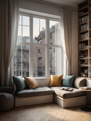 Obraz premium Elegant Urban Reading Corner with Large Windows and Comfortable Seating for Cozy Moments