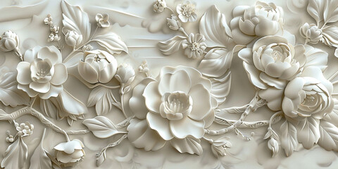 3D relief flowers wallpaper with intricate details and elegant design in off white color and Mural wallpaper.