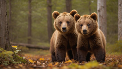 Obraz premium The image shows two brown bears standing in a forest. They are facing the camera and looking at the viewer.