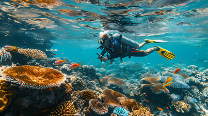 Taking a scuba dive in crystal clear tropical waters, exploring vibrant coral reefs and marine life, with colorful fish swimming around,