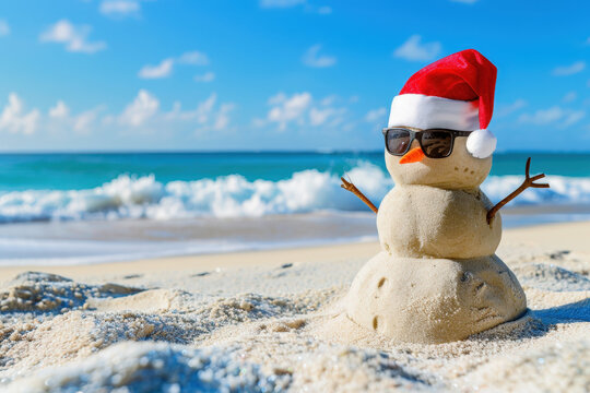 Sandy snowman wearing sunglasses and a santa hat is enjoying a sunny christmas on a tropical beach