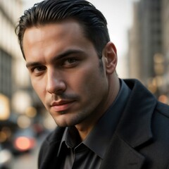 Obraz premium A portrait of a man who appears to be in his late 20s to early 30s.