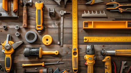 A flat lay of various construction tools, including a building level, arranged on a wooden background.