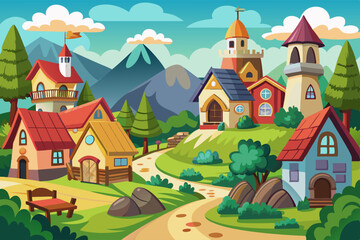 Naklejka premium A casual location in a cute cartoon style, a path next to small houses. Vector illustration
