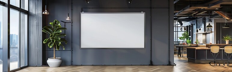 Obraz premium Dark gray office lobby with a concrete floor, loft windows and a glass wall. There is a large vertical poster and a meeting room. 3d rendering mock up. AI generated illustration