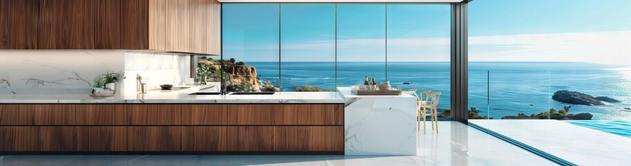 Obraz premium Clean and empty marble countertop, green vintage kitchen furniture with lots of flowers and bowl of strawberries, pair of white hanging pendant lights. AI generated illustration