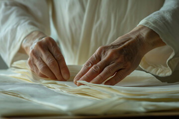 Close up of an artisan hands carefully folding and layering delicate sheets of traditional Japanese washi paper, showcasing the craftsmanship