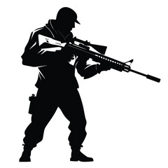 a sniper man holding a gun, an isolated white background