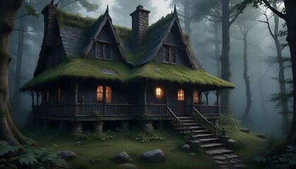 Obraz premium Dark natural witch cottage house in dense forest