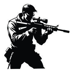 a sniper man holding a gun, an isolated white background