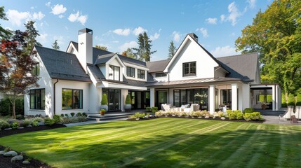 A luxurious modern farmhouse design with an elegant gabled roof, combining classic farmhouse elements with contemporary finishes, surrounded by manicured lawns and gardens.