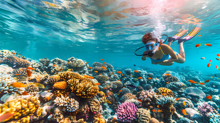 Taking a scuba dive in crystal clear tropical waters, exploring vibrant coral reefs and marine life, with colorful fish swimming around,