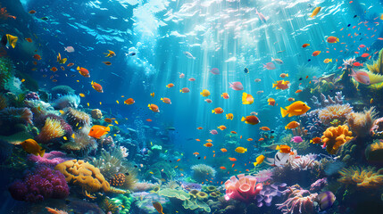 Naklejka premium Taking a scuba dive in crystal clear tropical waters, exploring vibrant coral reefs and marine life, with colorful fish swimming around,