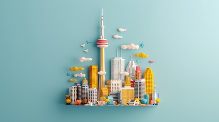 Vibrant Plasticine CN Tower Model in Cityscape Scene with Copy Space, Generative Ai
