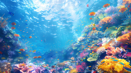 Taking a scuba dive in crystal clear tropical waters, exploring vibrant coral reefs and marine life, with colorful fish swimming around,