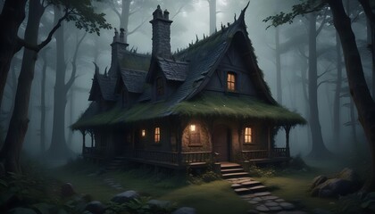 Obraz premium Dark natural witch cottage house in dense forest