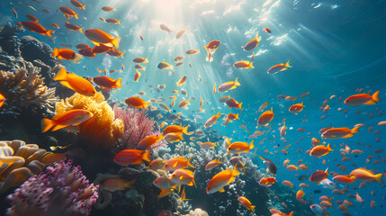 Naklejka premium Taking a scuba dive in crystal clear tropical waters, exploring vibrant coral reefs and marine life, with colorful fish swimming around,