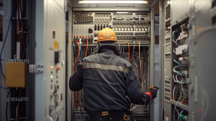 An electrician working on an electrical panel, seen from behind with the full cabinet open and various wires connected to lamps and transacted lights