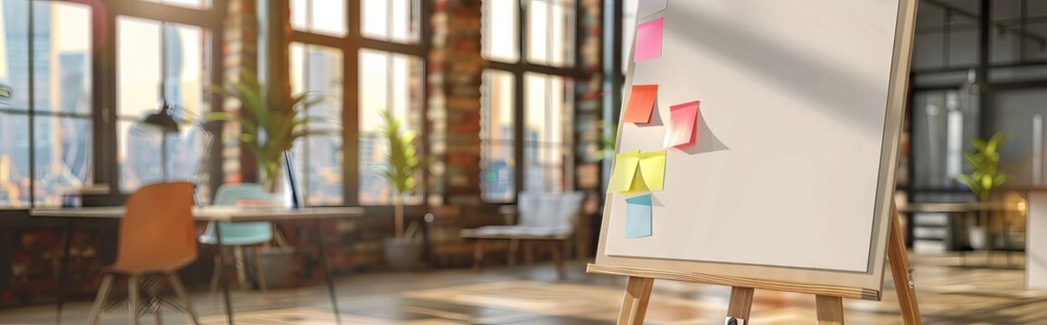 An office space with a flip chart and sticky notes, in a modern loft style, featuring large windows and wooden floor, a concept of a creative workplace. AI generated illustration