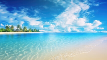 Fototapeta premium Beautiful beach and tropical sea on blue sky background. Nature composition., generative ai