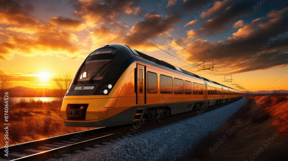 Wall mural train on the railway at sunset. concept of speed and motion. created by generative ai, generative ai
