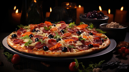 tasty pizza on dark ceramic plate in restaurant., generative ai