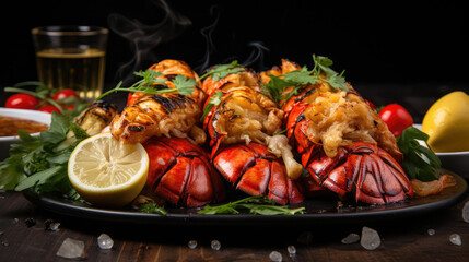 Grilled Lobster Tails Served With leaves on white plate., generative ai