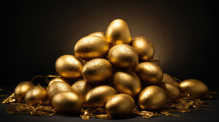 Naklejka premium A pile of golden eggs in dark background., generative ai