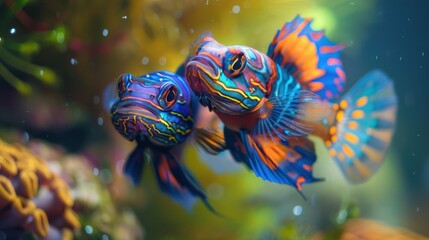 Obraz premium Mandarin Fish Couple Swimming in Coral Reef