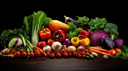 Composition with variety of raw organic vegetables on black background. Balanced diet. , generative ai