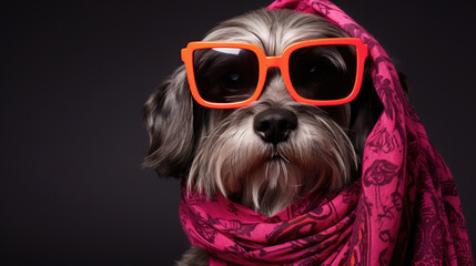 funny schnauzer dog wearing scarf and sunglasses. , generative ai