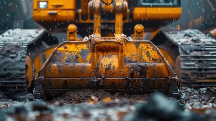 Excavator digging on a construction site in the rain. Heavy machinery moving earth for building, infrastructure, and development projects.