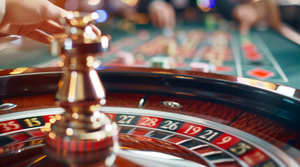 Obraz premium close up of a roulette plate in casino with blurred players in the background