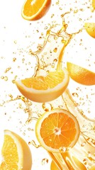 Fresh orange slices and juice splash on white background. Concept of healthy diet, vitamin C, refreshment, and citrus fruits.