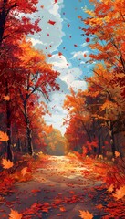 A picturesque path through a vibrant autumn forest, with fallen leaves scattered across the ground.  The trees are ablaze with red, orange, and yellow foliage.