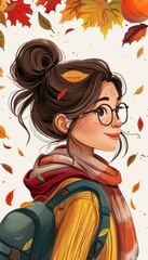 A smiling girl with glasses and a backpack stands in a field of autumn leaves.  She is wearing a yellow sweater and a scarf.