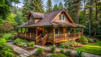 Cozy small red cedar shake sided house with inviting covered porch and spacious wooden deck surrounded by lush greenery outdoors.