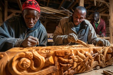 Skilled carpenters passionately carving a wooden sculpture in a workshop, showcasing traditional art and craftsmanship