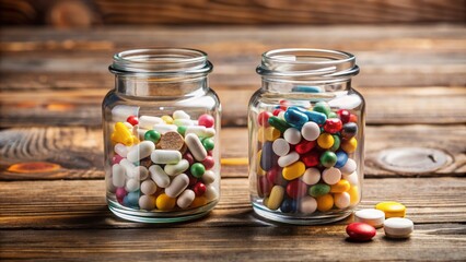 Two transparent glass jars with white labels and caps, containing various colored pills, sit on a cluttered wooden table surface.