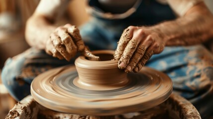 The hands of a potter create a clay vase on a rotating wheel. Skilled hands mold the clay meticulously. Driven by precision and creativity Spinning wheels and soft clay textures highlight the artistry
